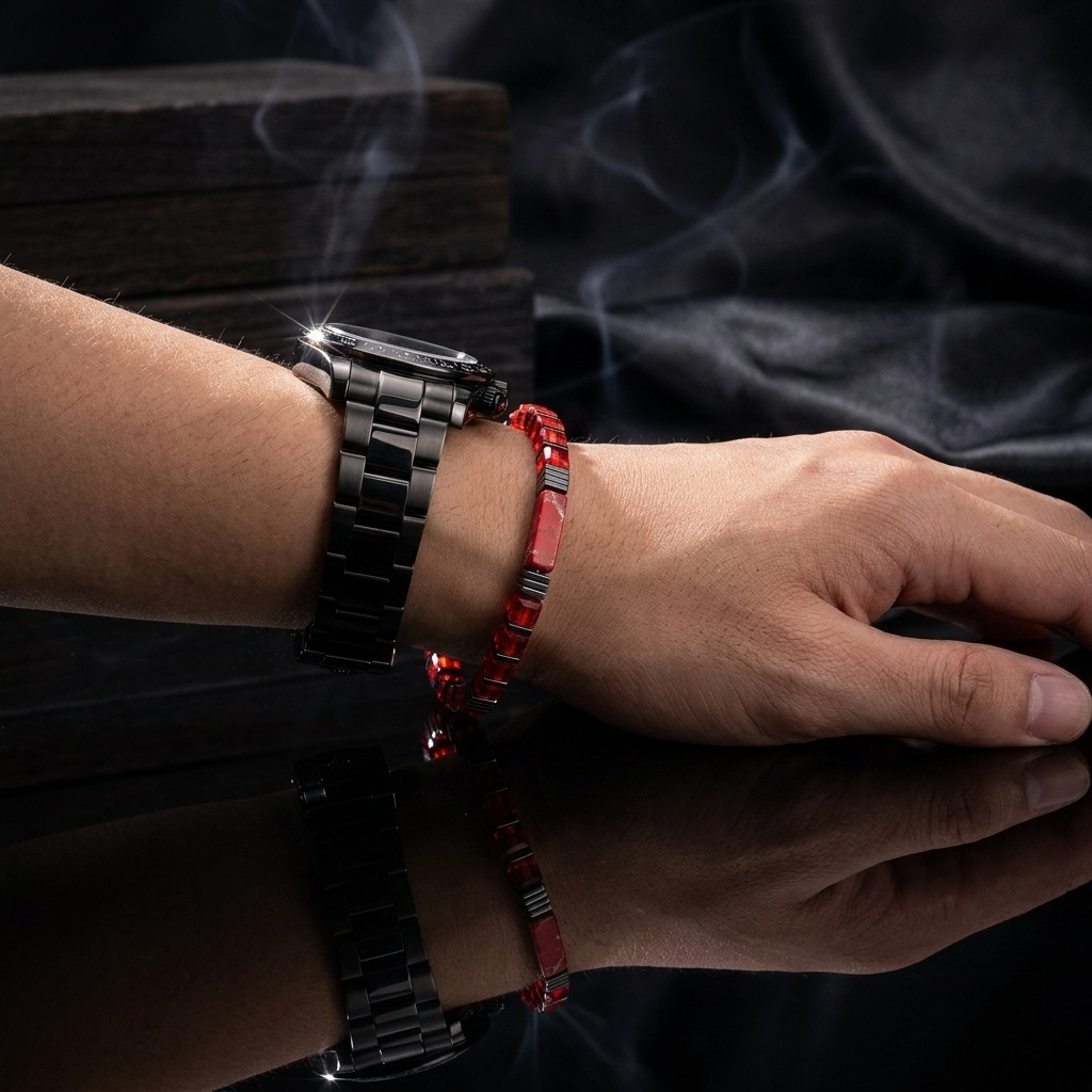 Natural Stone Bead Bracelet with Red Square Beads, Stackable